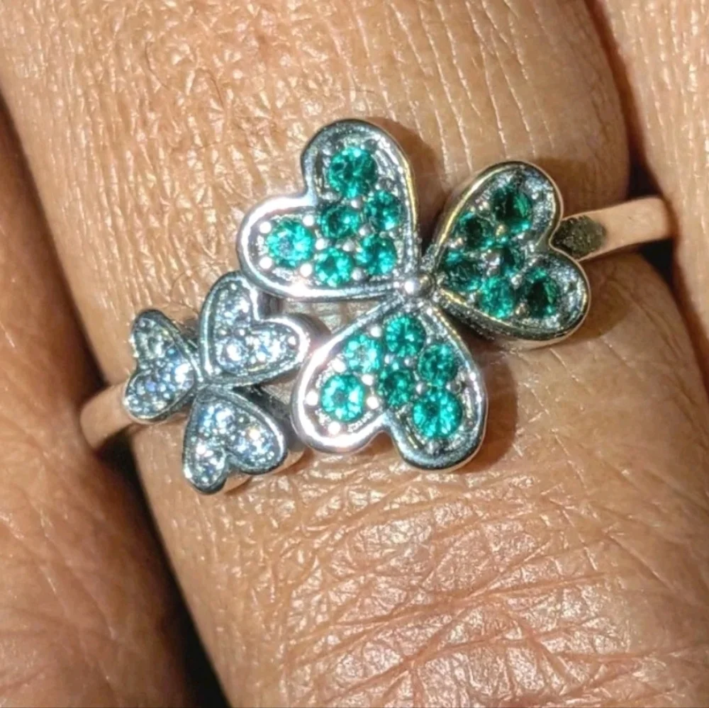 St Patrick Shamrock Irish Green CZ Flower Lucky Clover Ring 925 Sterling Silver